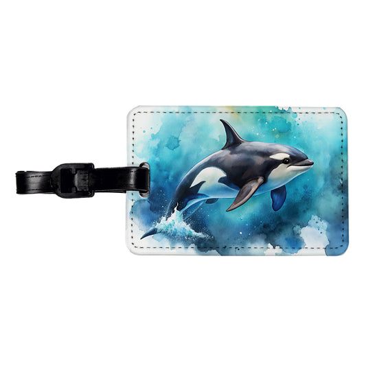 Orca Whale In Ocean Watercolor Design Travel Faux Leather Luggage Tag