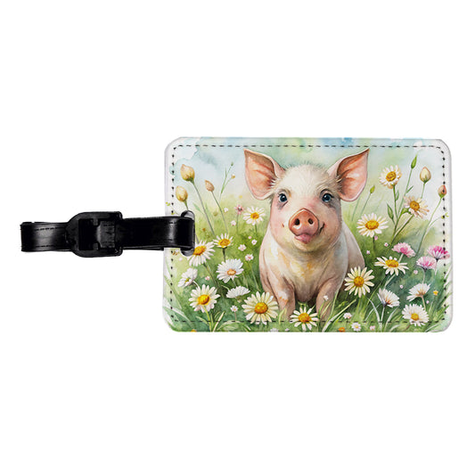Pig In Daisies Watercolor Design Travel Faux Leather Luggage Tag