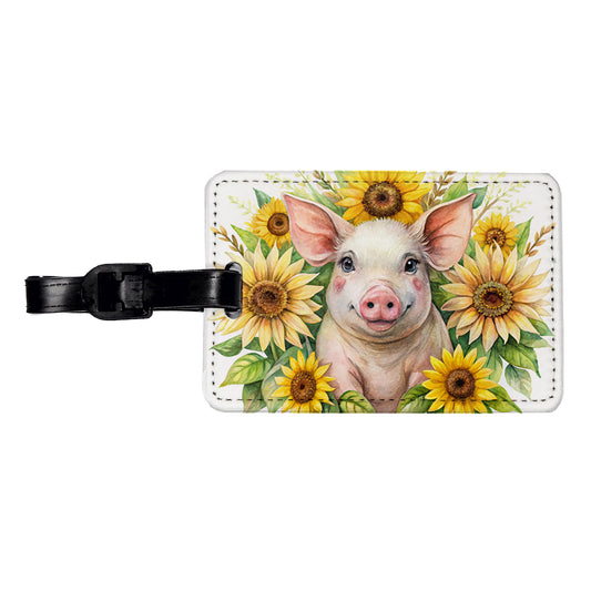 Pig In Sunflowers Watercolor Design Travel Faux Leather Luggage Tag