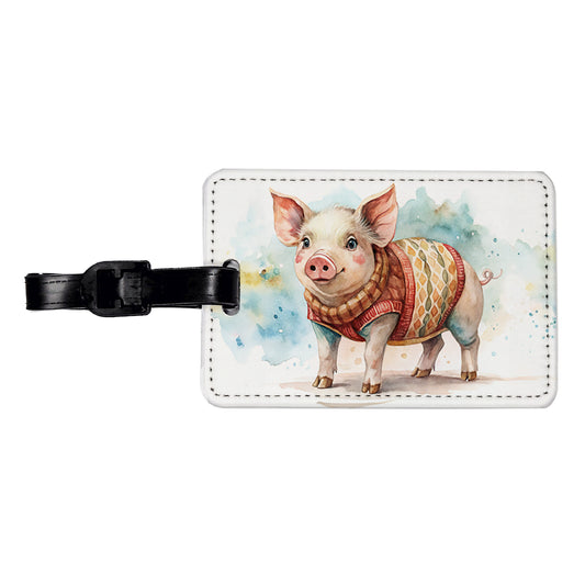 Pig Wearing A Sweater Watercolor Travel Faux Leather Luggage Tag