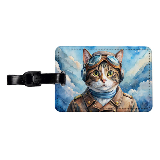 Pilot Cat Watercolor Travel Faux Leather Luggage Tag