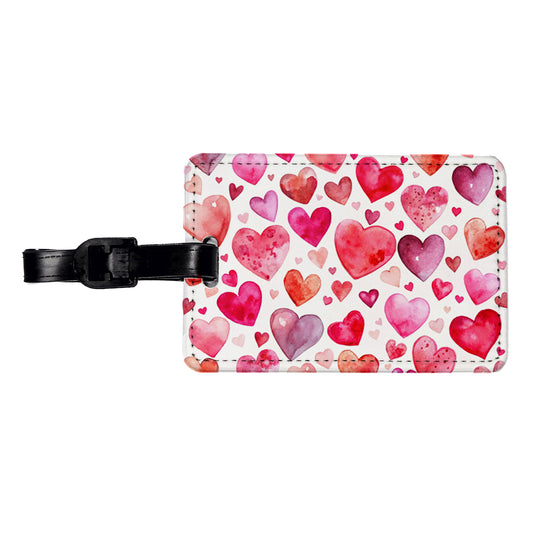 Pink And Red Scattered Hearts Watercolor Travel Faux Leather Luggage Tag