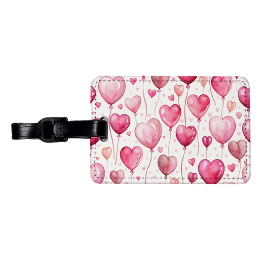 Pink Balloons Hearts Watercolor Birthday Valentine's Love Travel Faux Leather Luggage Tag