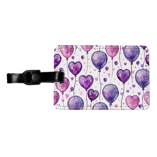 Purple Balloons Hearts Watercolor Birthday Travel Faux Leather Luggage Tag