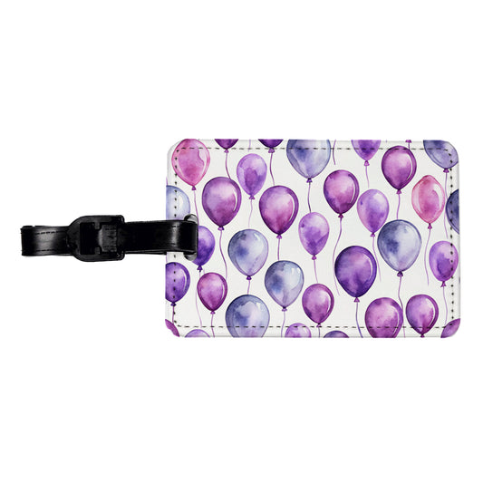 Purple Balloons Watercolor Birthday Travel Faux Leather Luggage Tag
