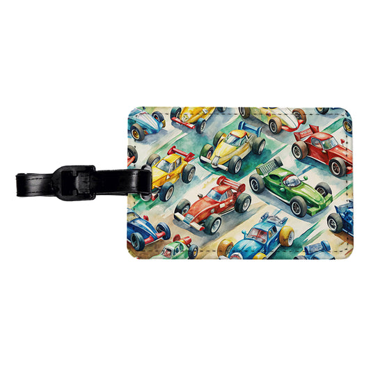 Race Cars Watercolor Travel Faux Leather Luggage Tag