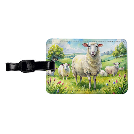 Sheep In Meadow Watercolor Design Travel Faux Leather Luggage Tag