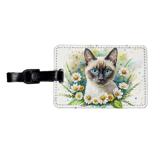 Siamese Cat Watercolor Design With Daisies Travel Faux Leather Luggage Tag