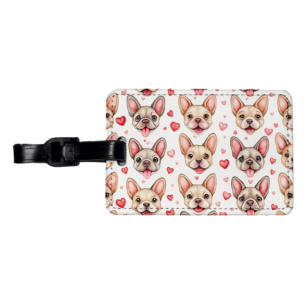Smiling Cute French Bulldog Dog Faces Hearts Travel Faux Leather Luggage Tag