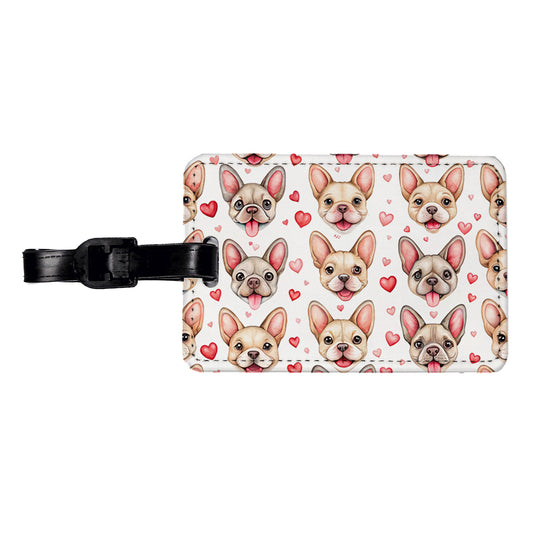 Smiling Cute French Bulldog Dog Faces Hearts Travel Faux Leather Luggage Tag