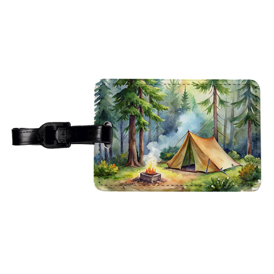Solo Camping In Forest Watercolor Design Travel Faux Leather Luggage Tag