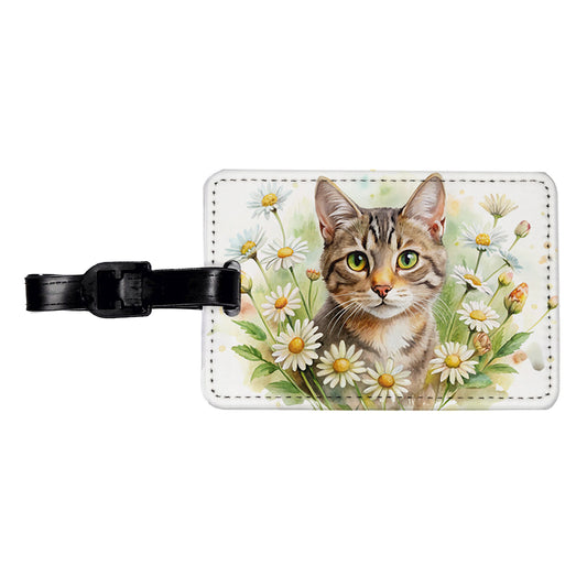 Tabby Cat Watercolor Design With Daisies Travel Faux Leather Luggage Tag