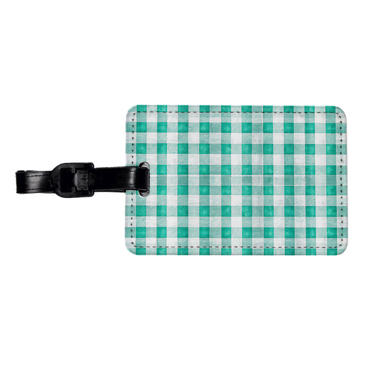Teal White Gingham Watercolor Travel Faux Leather Luggage Tag
