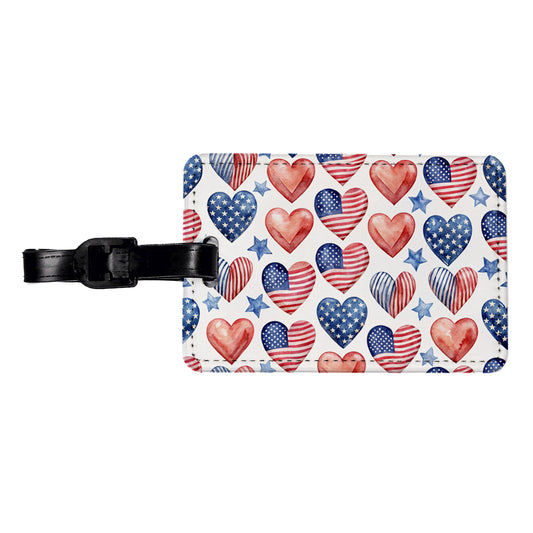 USA American Flags Hearts 4th of July Patriotic Watercolor Travel Faux Leather Luggage Tag