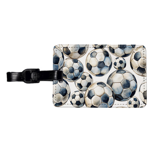 White Black Soccer Balls Watercolor Travel Faux Leather Luggage Tag