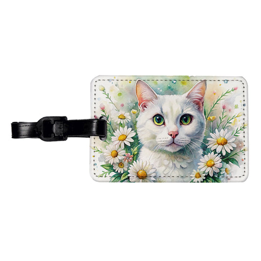White Cat Watercolor Design With Daisies Travel Faux Leather Luggage Tag