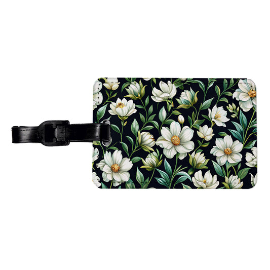 White Flowers Black Background Travel Faux Leather Luggage Tag