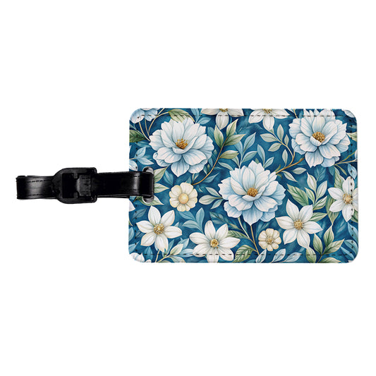 White Flowers Blue Background Travel Faux Leather Luggage Tag