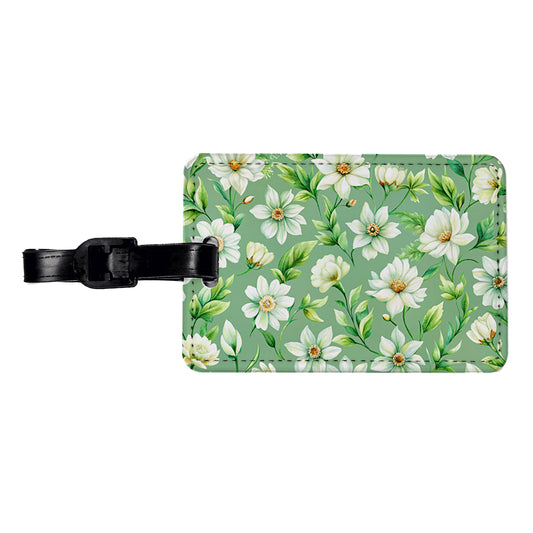 White Flowers Green Background Travel Faux Leather Luggage Tag