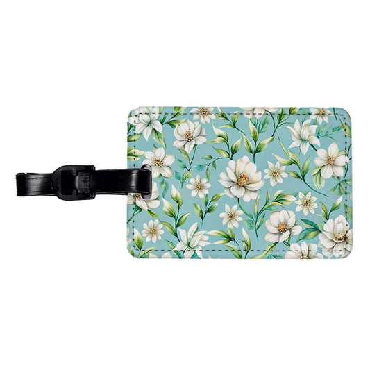 White Flowers Light Blue Background Travel Faux Leather Luggage Tag
