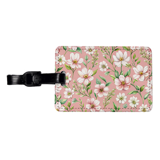 White Flowers Pink Background Travel Faux Leather Luggage Tag