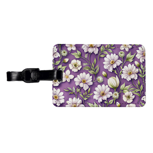 White Flowers Purple Background Travel Faux Leather Luggage Tag