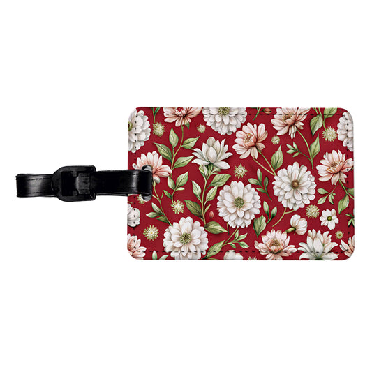 White Flowers Red Background Travel Faux Leather Luggage Tag