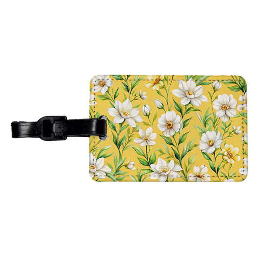 White Flowers Yellow Background Travel Faux Leather Luggage Tag