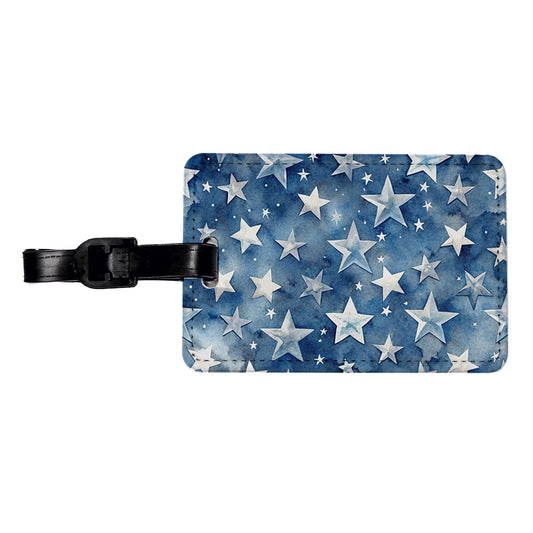 White Stars Blue Background Watercolor Travel Faux Leather Luggage Tag