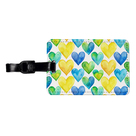 Yellow Blue Green Hearts Watercolor Travel Faux Leather Luggage Tag