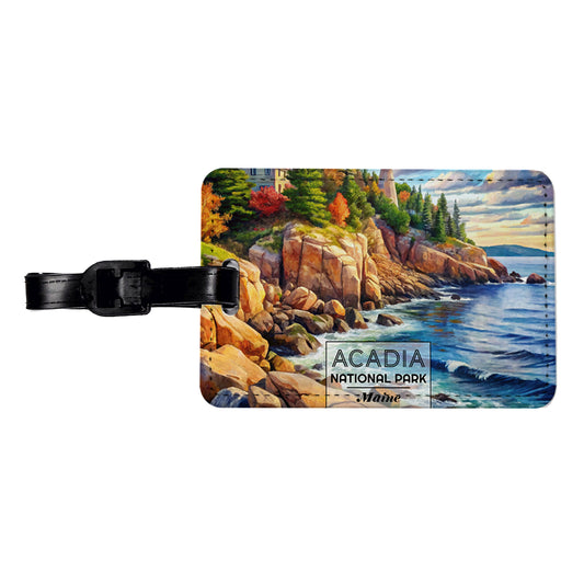 Acadia National Park Maine Watercolor Travel Faux Leather Luggage Tag