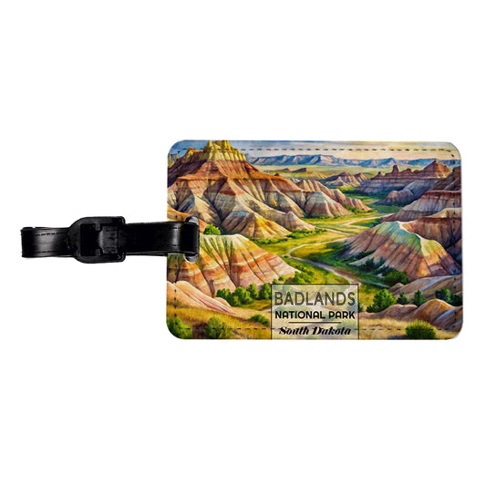 Badlands National Park South Dakota Watercolor Travel Faux Leather Luggage Tag