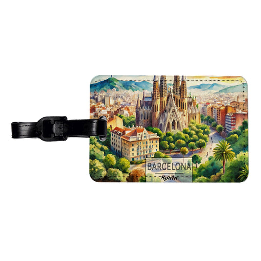 Barcelona Spain Travel City Watercolor Travel Faux Leather Luggage Tag