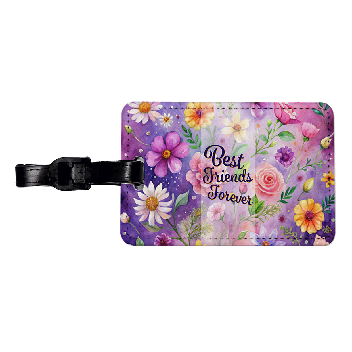 Best Friends Forever Flowers Purple Background Travel Faux Leather Luggage Tag