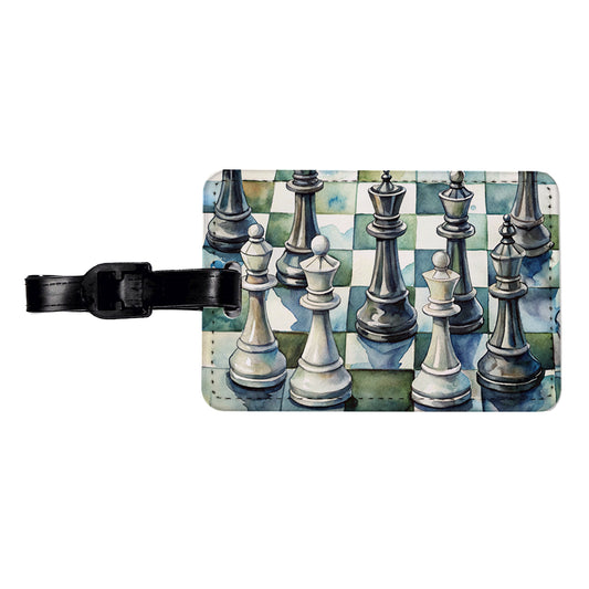 Black White Chess Pieces Watercolor Travel Faux Leather Luggage Tag