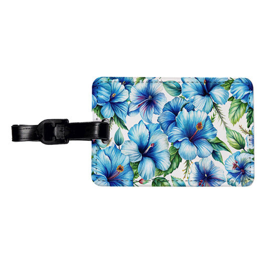 Blue Hibiscus Flowers Watercolor Travel Faux Leather Luggage Tag