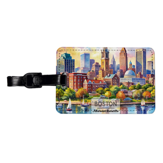 Boston Massachusetts Travel City Watercolor Travel Faux Leather Luggage Tag