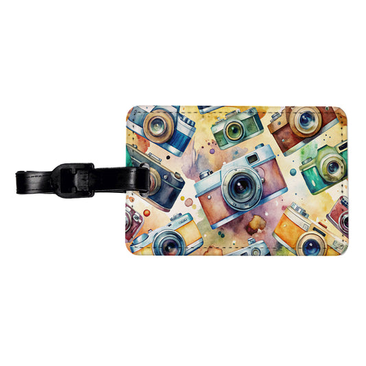 Cameras Retro 35mm Scattered Photographer Photography Watercolor Travel Faux Leather Luggage Tag