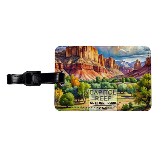 Capitol Reef National Park Utah Watercolor Travel Faux Leather Luggage Tag