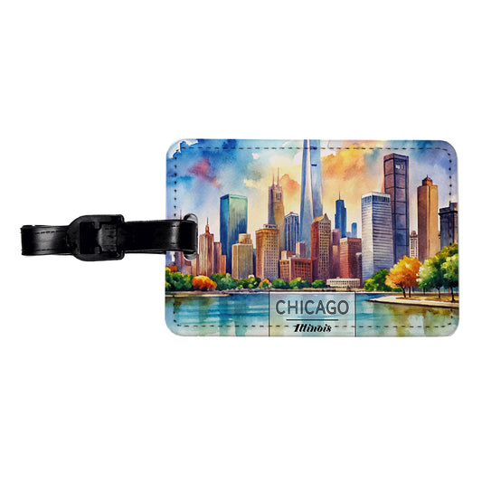 Chicago Illinois Travel City Watercolor Travel Faux Leather Luggage Tag