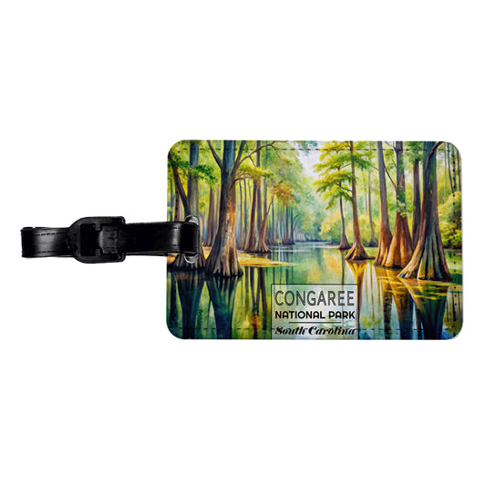 Congaree National Park South Carolina Watercolor Travel Faux Leather Luggage Tag