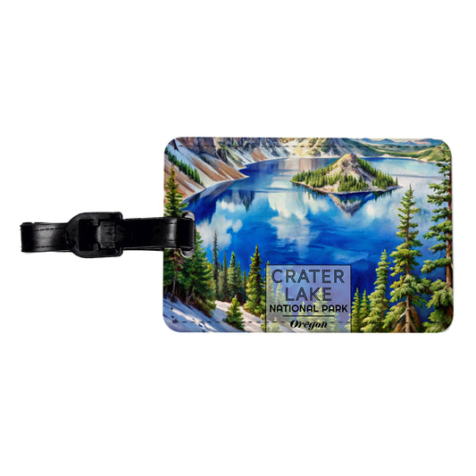 Crater Lake National Park Oregon Watercolor Travel Faux Leather Luggage Tag