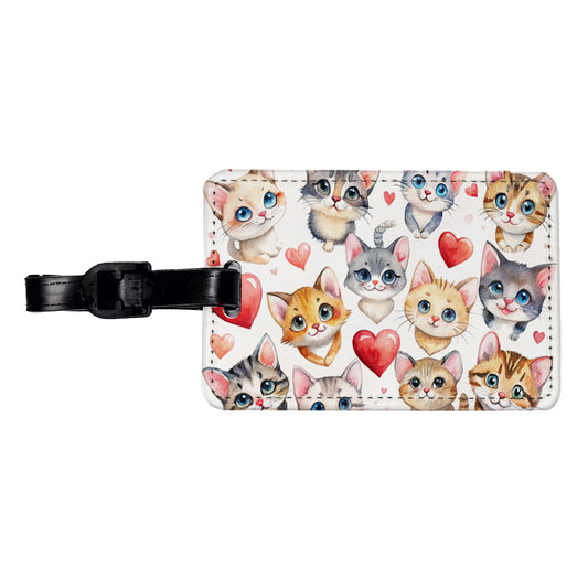 Cute Fun Cats Hearts Watercolor Travel Faux Leather Luggage Tag