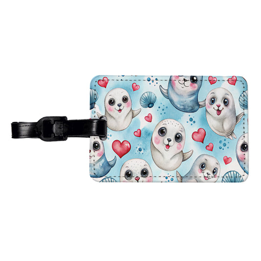 Cute Harp Seals And Hearts Watercolor Travel Faux Leather Luggage Tag