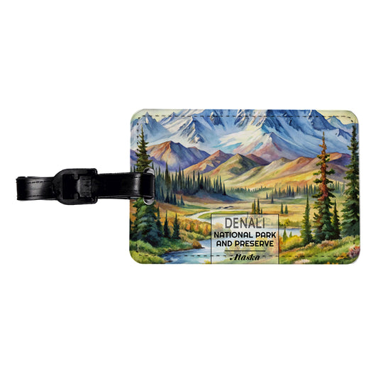 Denali National Park Alaska Watercolor Travel Faux Leather Luggage Tag