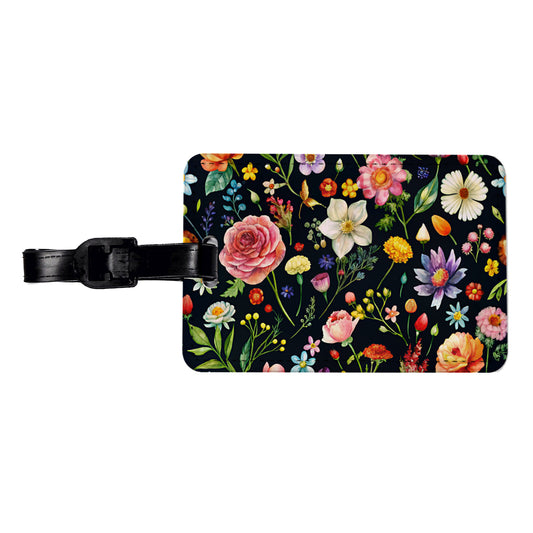 Flowers Black Background Watercolor Travel Faux Leather Luggage Tag