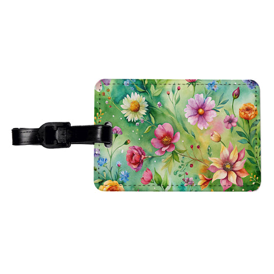 Flowers Green Background Watercolor Travel Faux Leather Luggage Tag