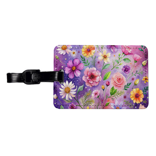 Flowers Purple Background Watercolor Travel Faux Leather Luggage Tag