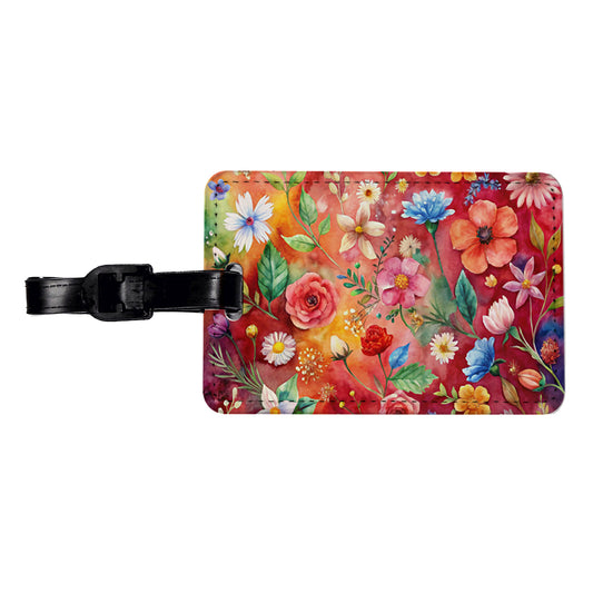 Flowers Red Background Watercolor Travel Faux Leather Luggage Tag