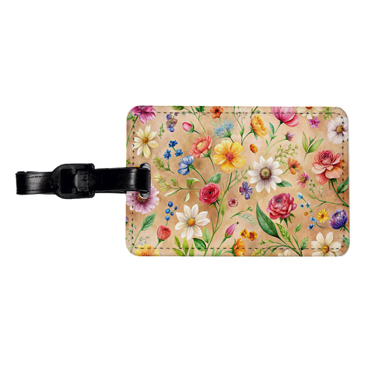 Flowers Tan Background Watercolor Travel Faux Leather Luggage Tag